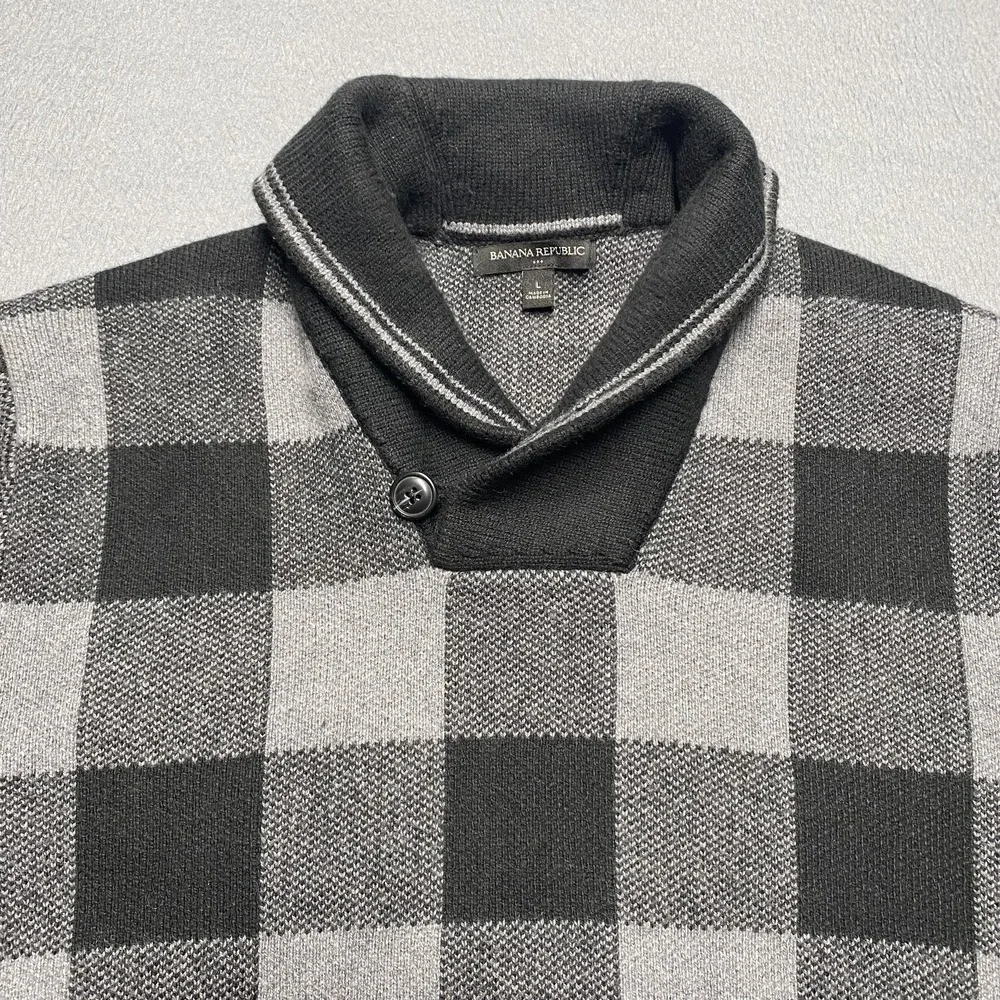 Banana Republic Sweater Mens Large Gray Plaid Shawl‎ Collar Pullover Tight-Knit
